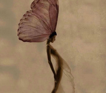 Fairy like woman with pink butterfly wings protruding from her head