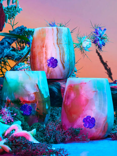 Onyx Candle Vessels Sitting amongst flowers in a studio with coloured effects